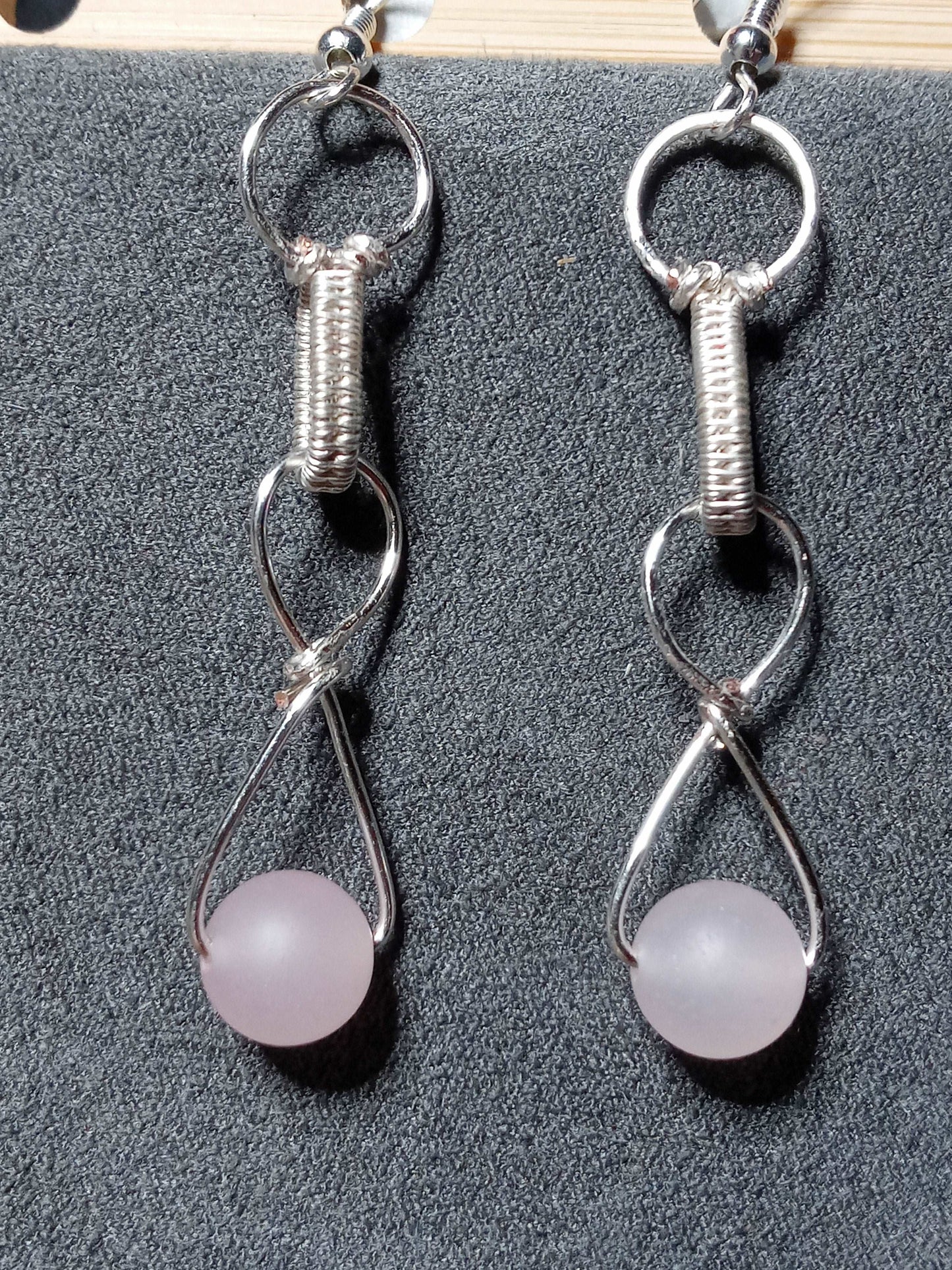 Rose Quartz Bead Long Dangly Earrings in Silver Wire and Hypoallergenic