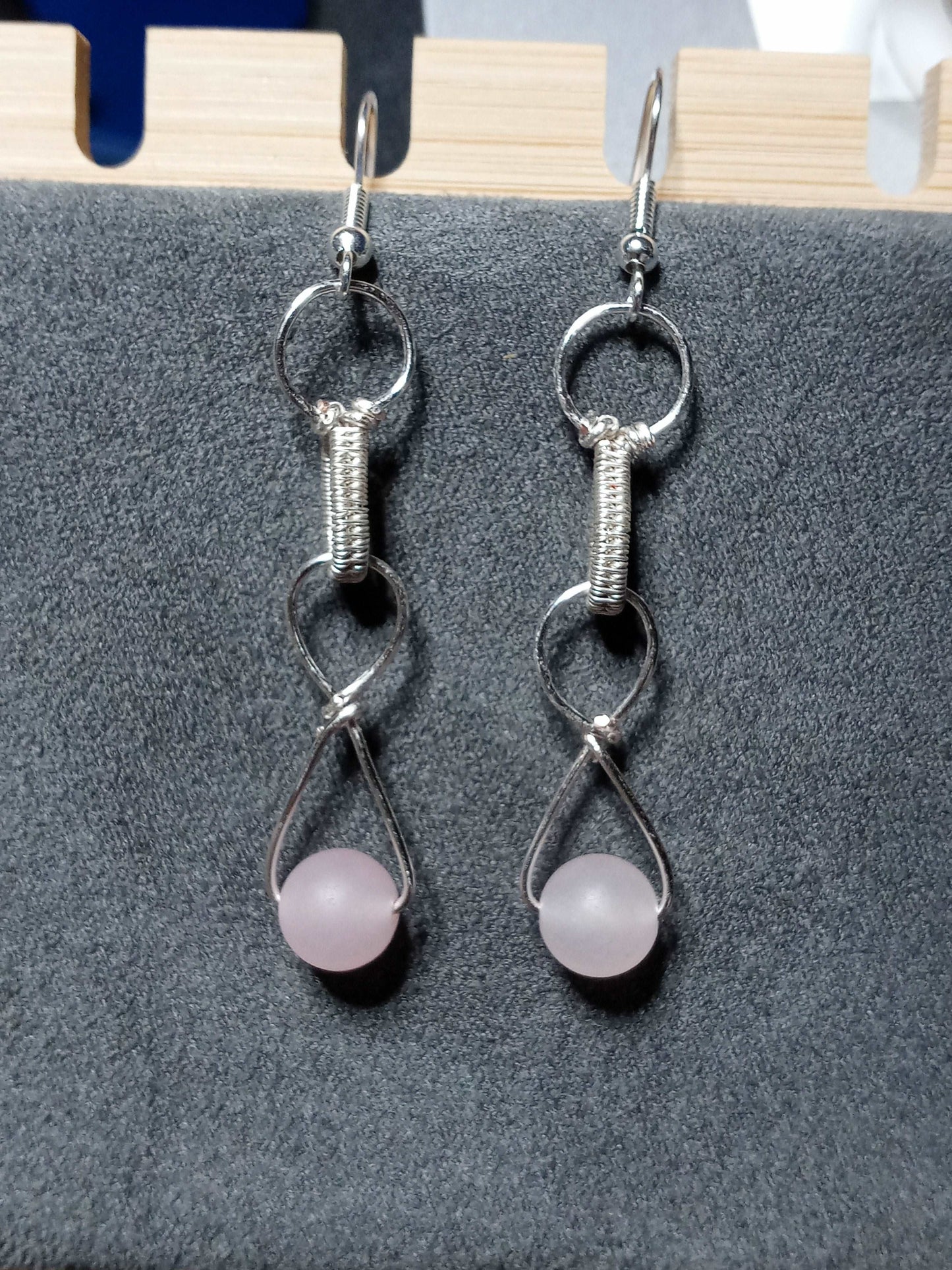 Rose Quartz Bead Long Dangly Earrings in Silver Wire and Hypoallergenic