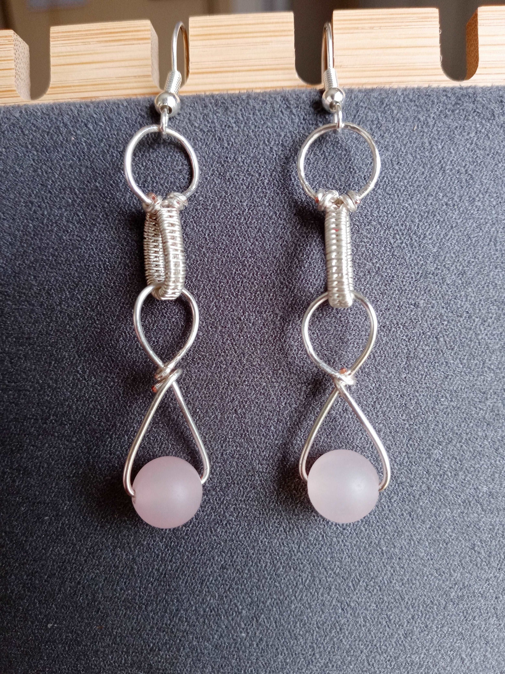 Rose Quartz Bead Long Dangly Earrings in Silver Wire and Hypoallergenic