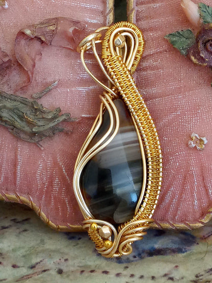 Banded Agate With Golden Wire Wrap