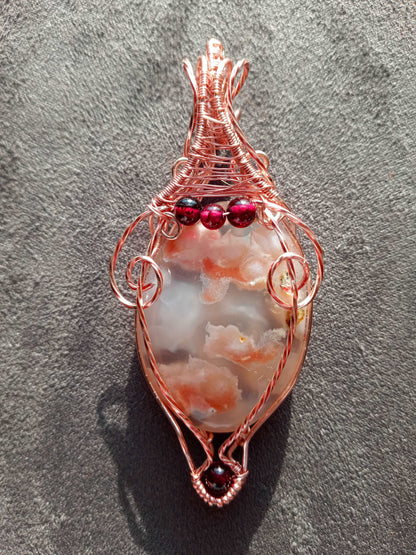 Flower Agate and Garnet Accents Wire Wrapped Pendant