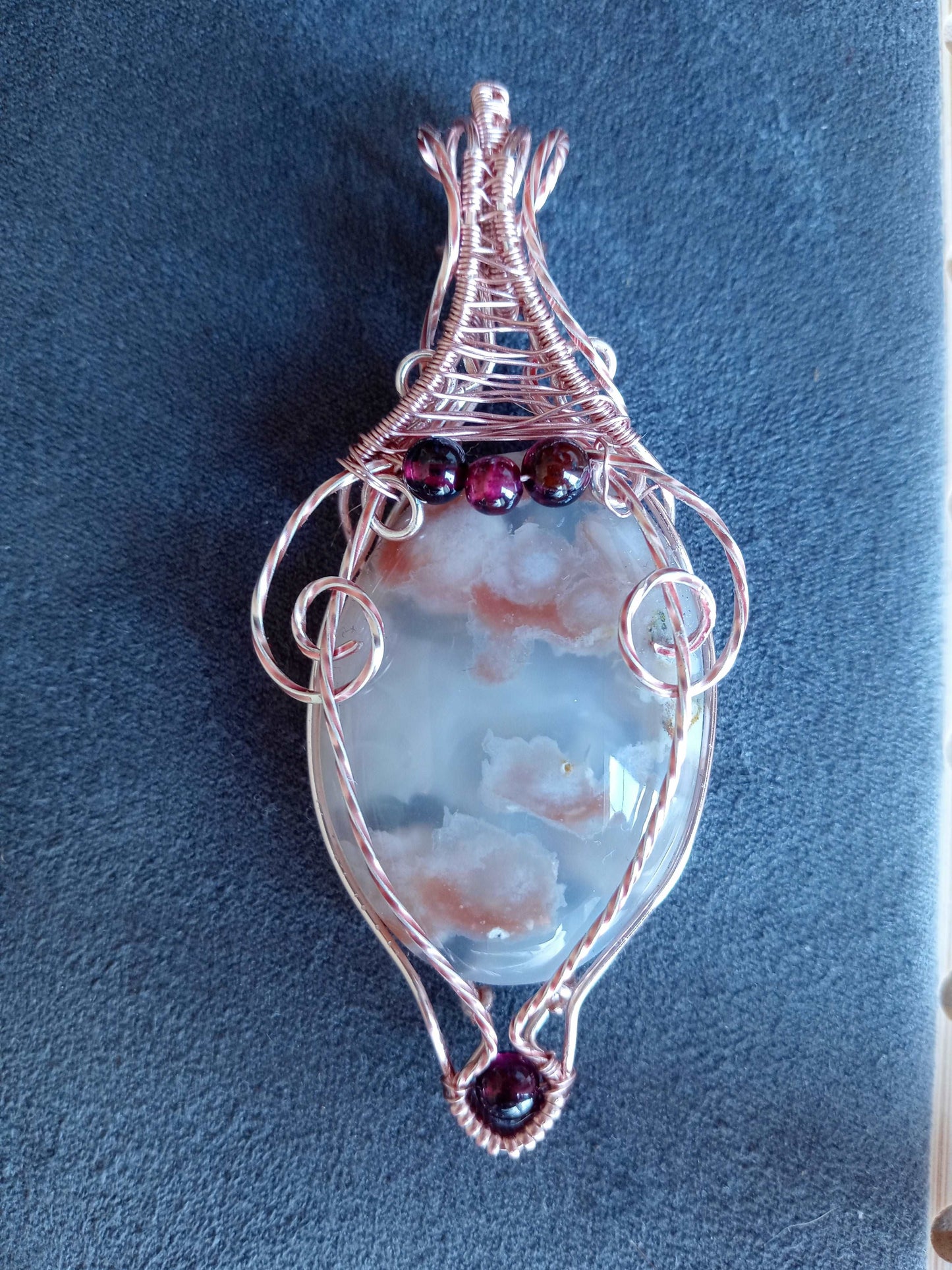 Flower Agate and Garnet Accents Wire Wrapped Pendant