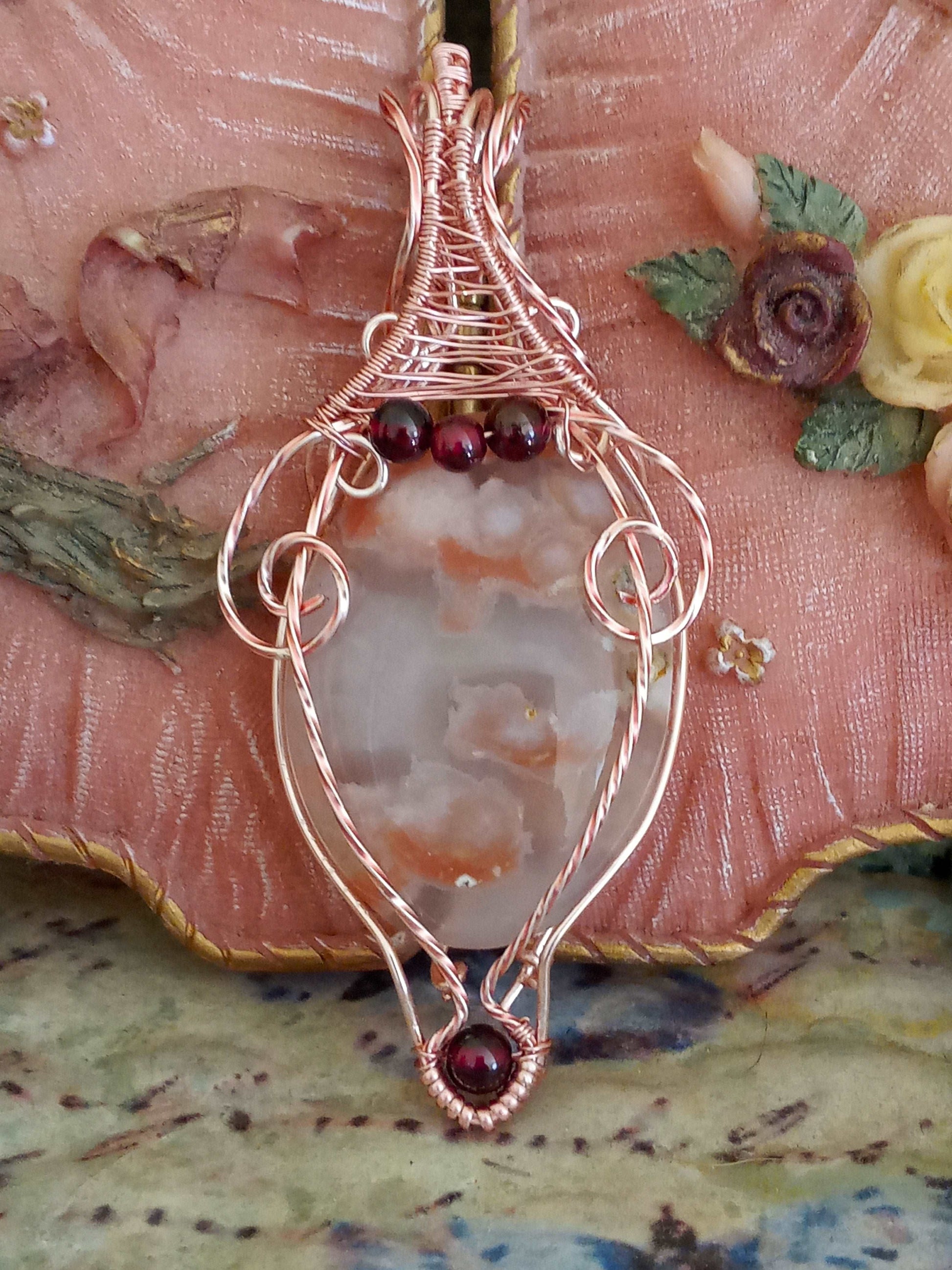 Flower Agate and Garnet Accents Wire Wrapped Pendant