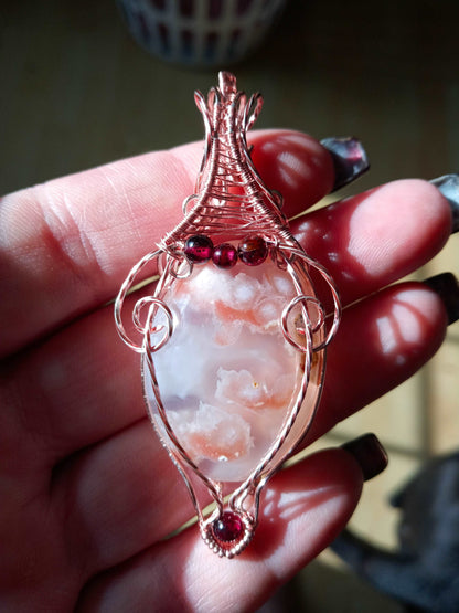 Flower Agate and Garnet Accents Wire Wrapped Pendant