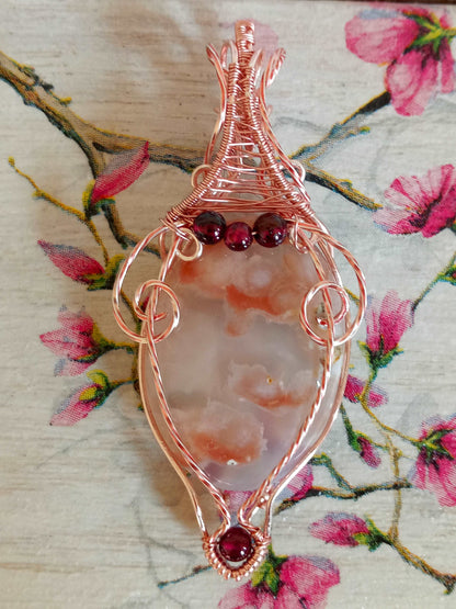 Flower Agate and Garnet Accents Wire Wrapped Pendant