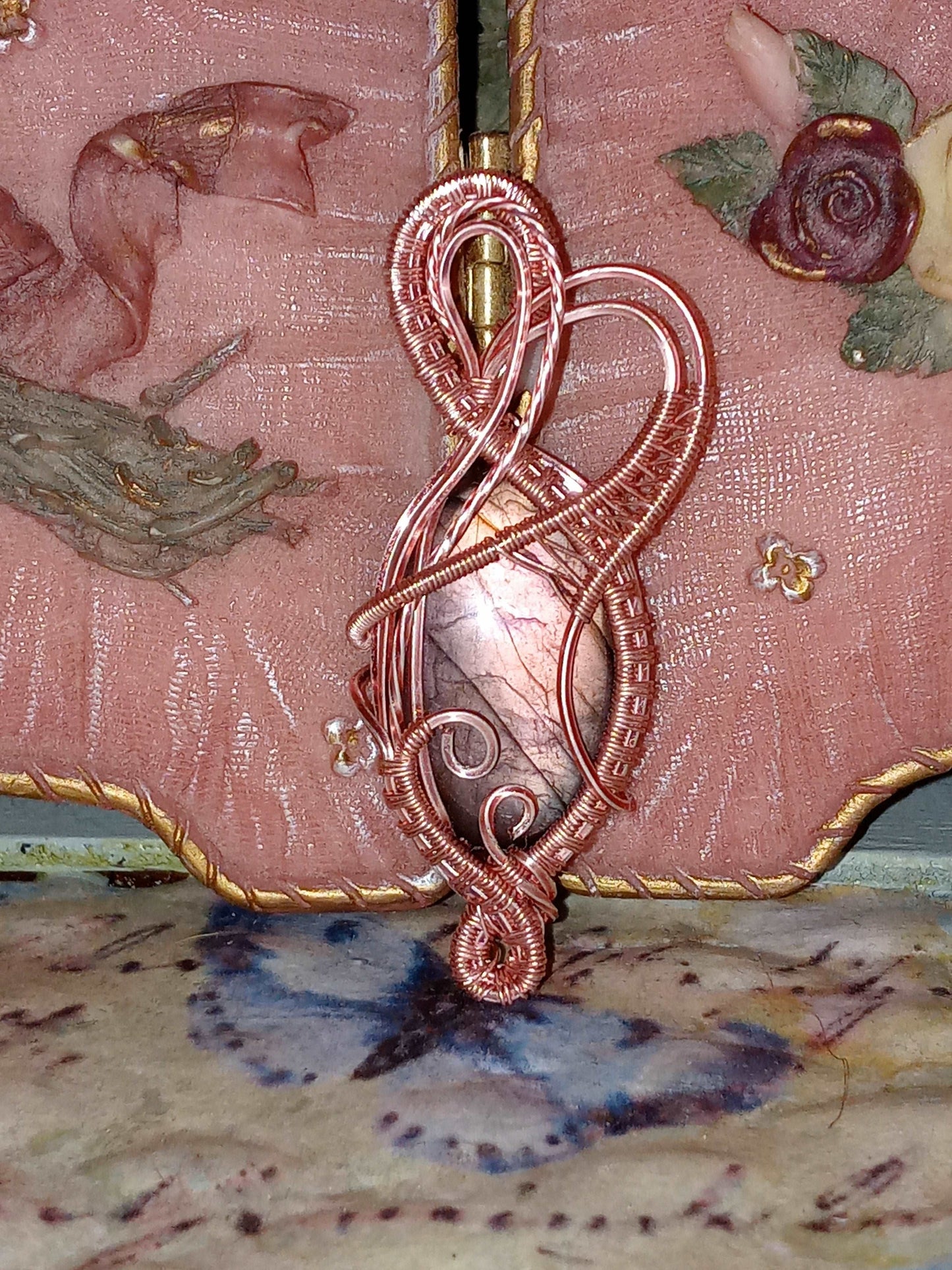 Rare Rose Labradorite Pendant With Rose Gold Wire Wrap