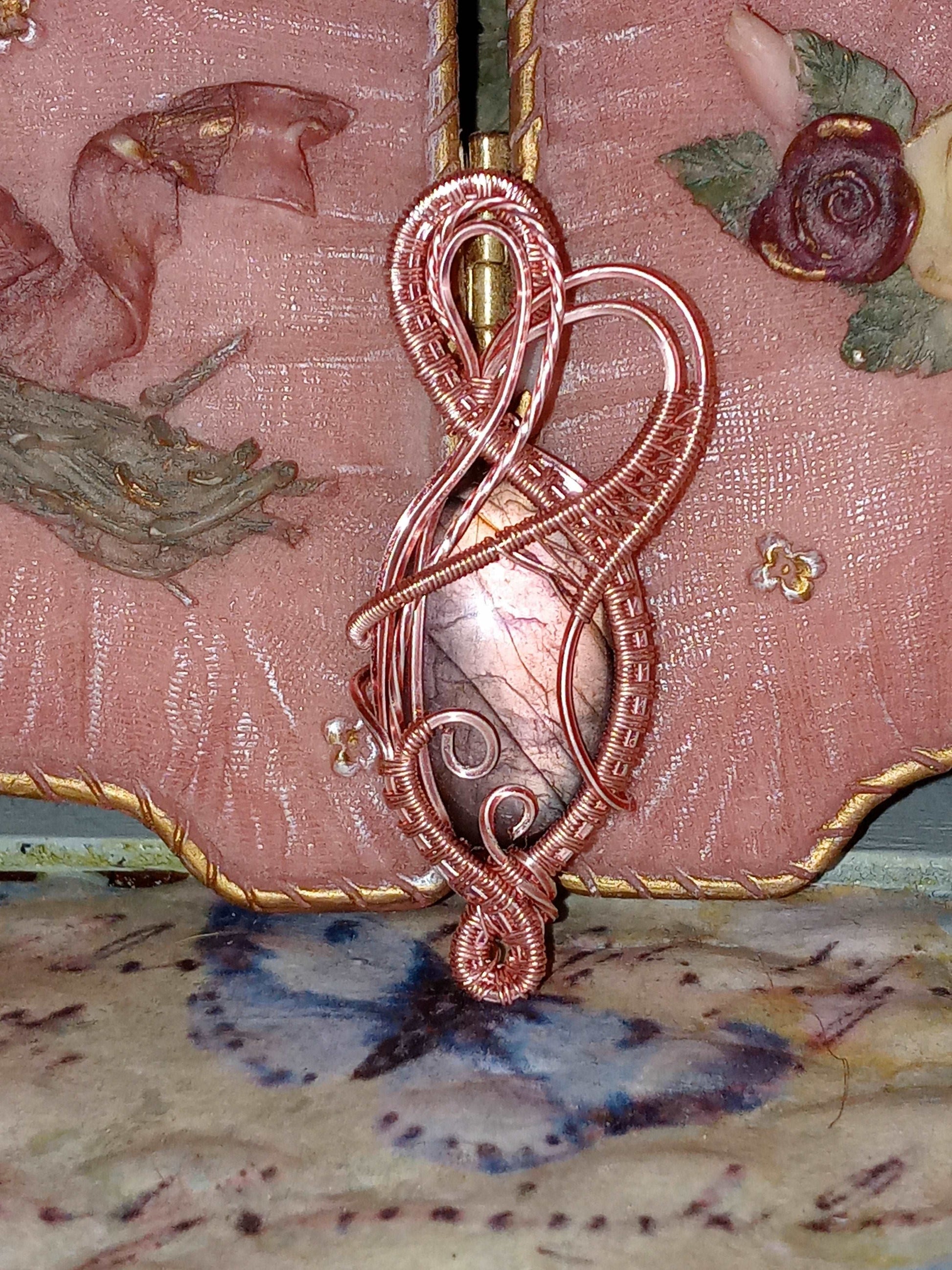 Rare Rose Labradorite Pendant With Rose Gold Wire Wrap