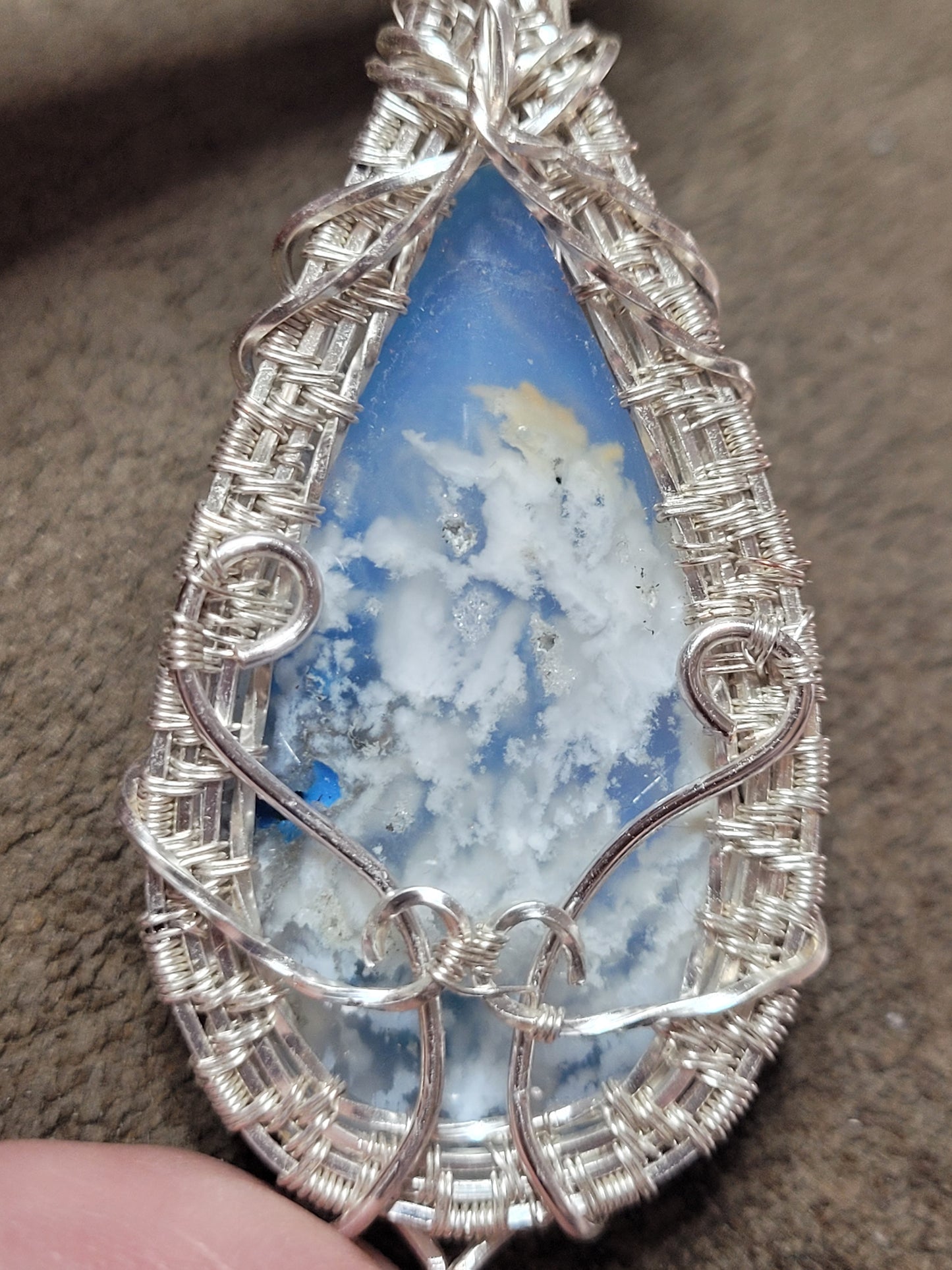 Large Teardrop Snow Agate Silver Wire Wrap Pendant