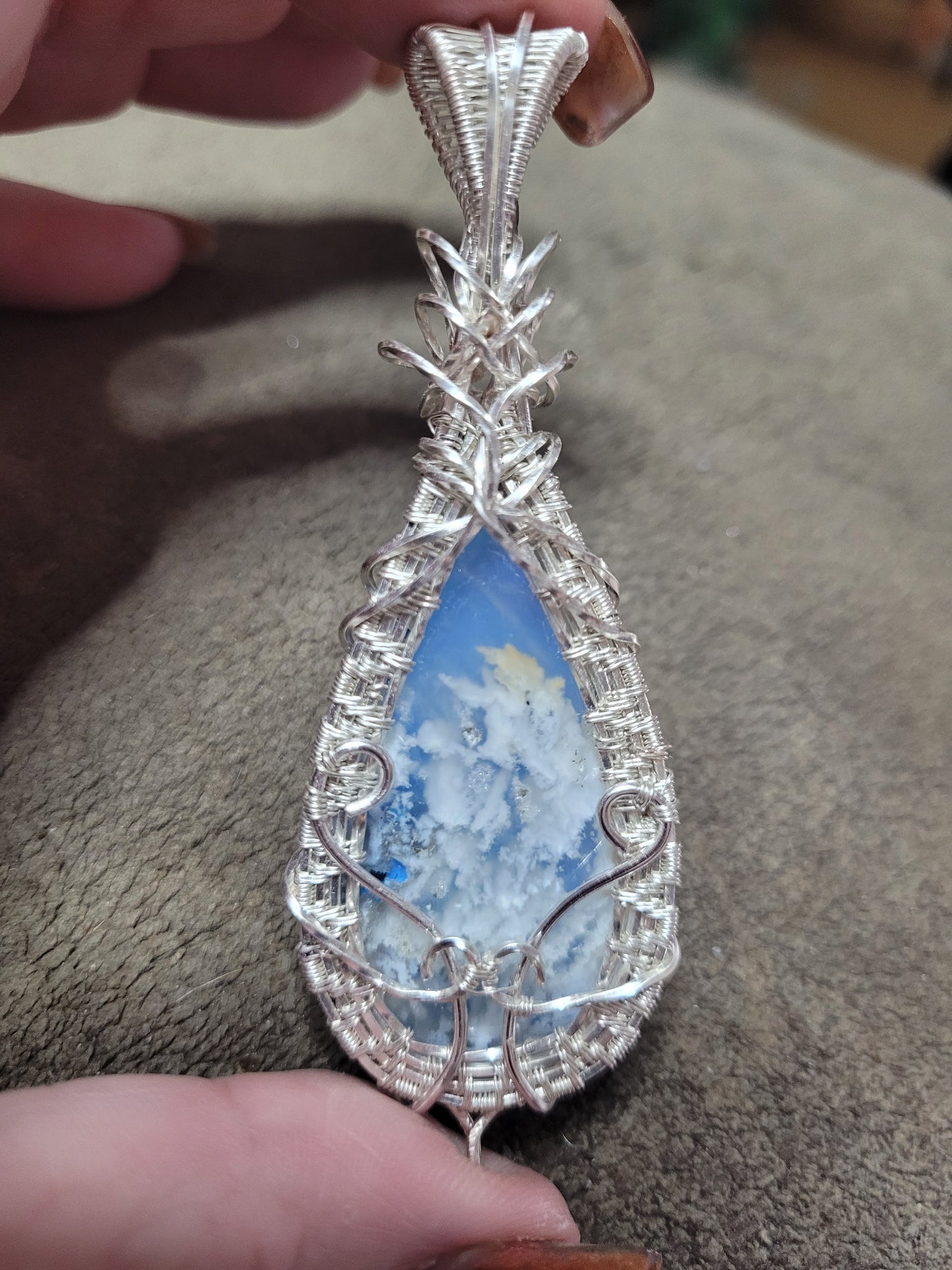 Large Teardrop Snow Agate Silver Wire Wrap Pendant