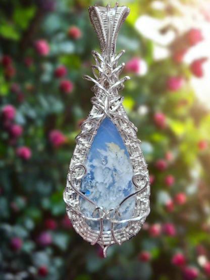 Large Teardrop Snow Agate Silver Wire Wrap Pendant